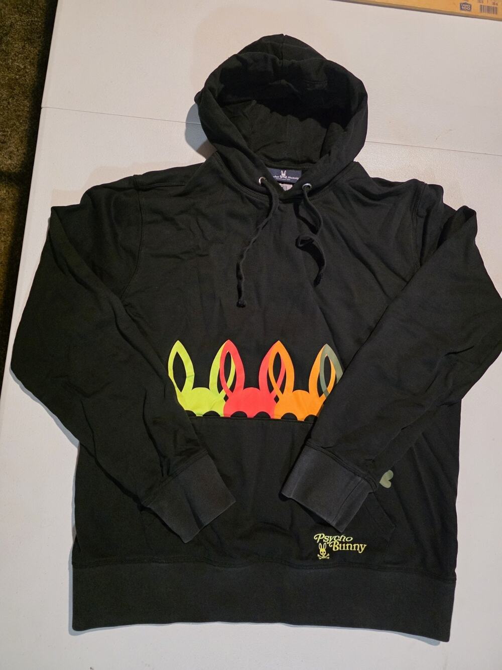 Psycho Bunny Mens L Black Multicolor Logo Graphic Pullover Hoodie Sweatshirt